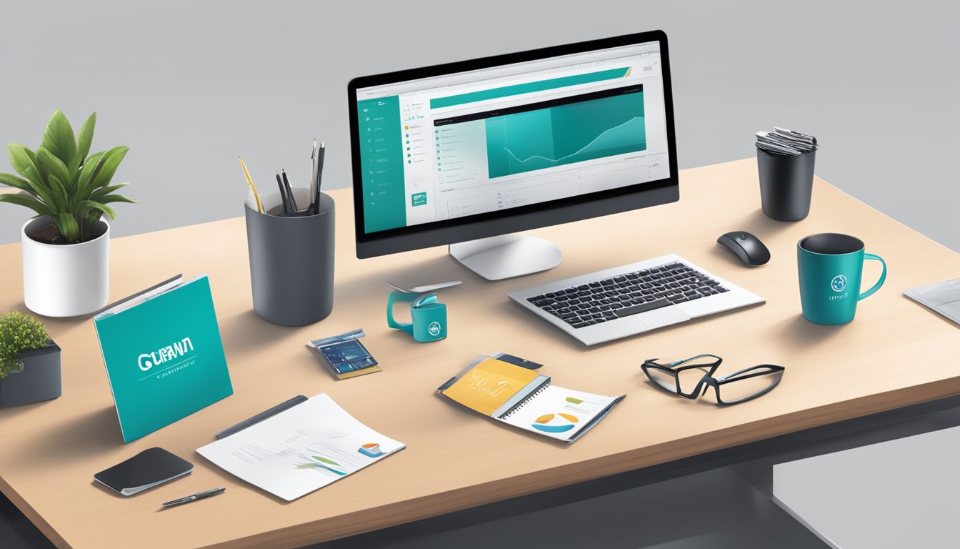 A sleek office desk with branded corporate gifts displayed neatly. The company logo is prominently featured in the background