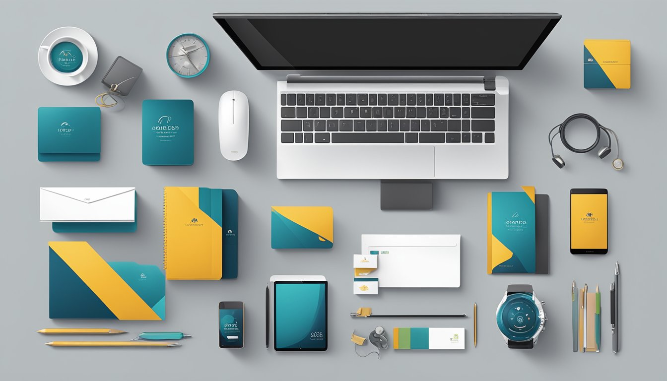 A table displaying a variety of corporate gifts, including branded stationery, tech gadgets, and elegant accessories. The backdrop features a sleek and modern office setting, with subtle branding elements