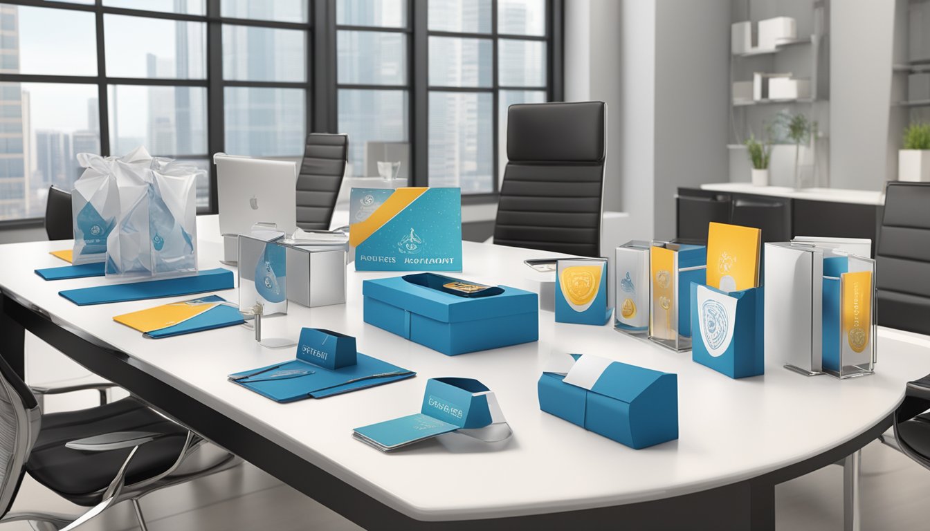 A table displays a variety of corporate gifts, with price tags and value indicators. The company logo is prominently featured on each item