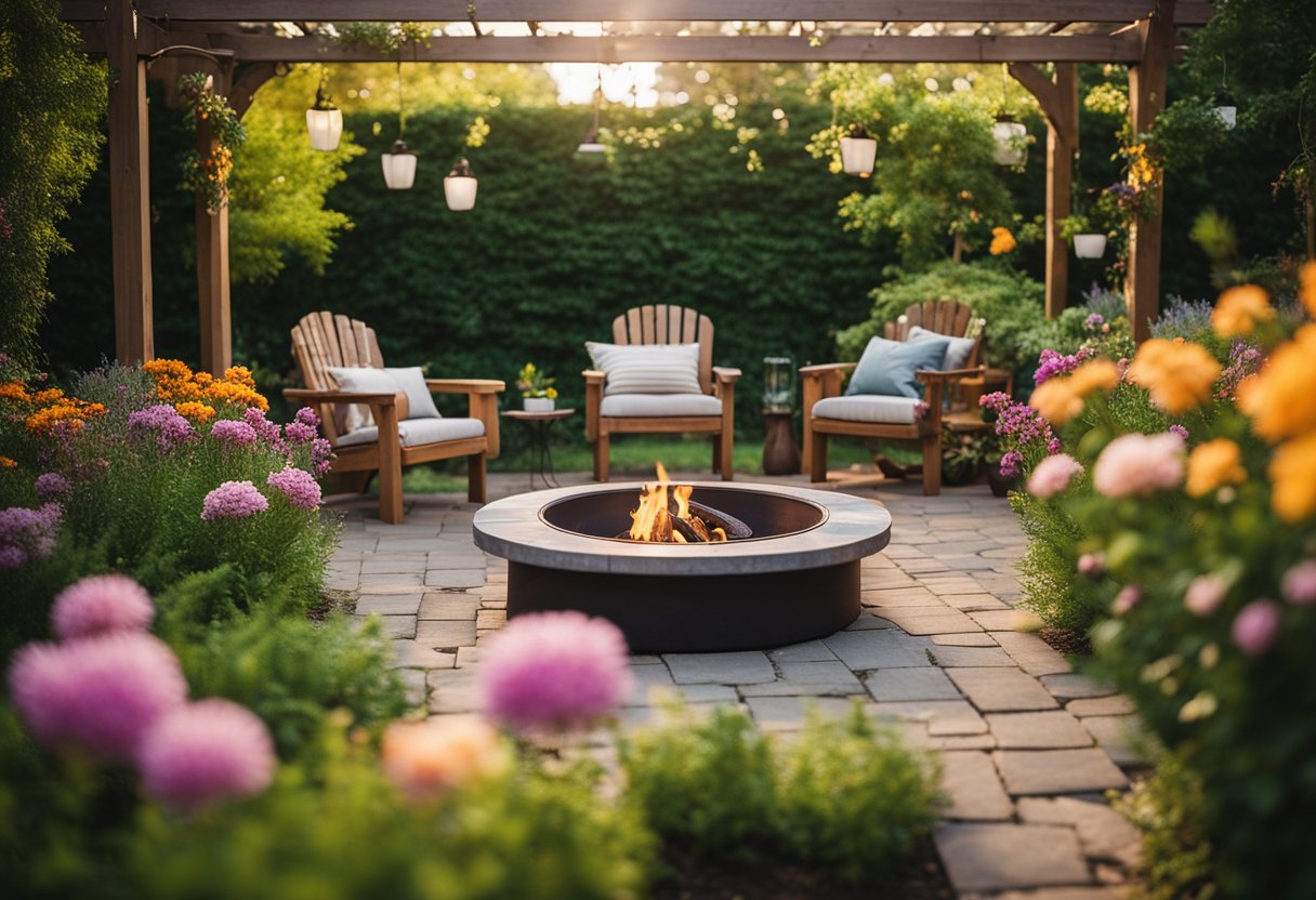 A cozy outdoor living space with a comfortable seating area, surrounded by lush greenery and colorful flowers. A small fire pit adds warmth and ambiance, while a pergola provides shade. Birds are chirping, and a gentle breeze rustles the leaves