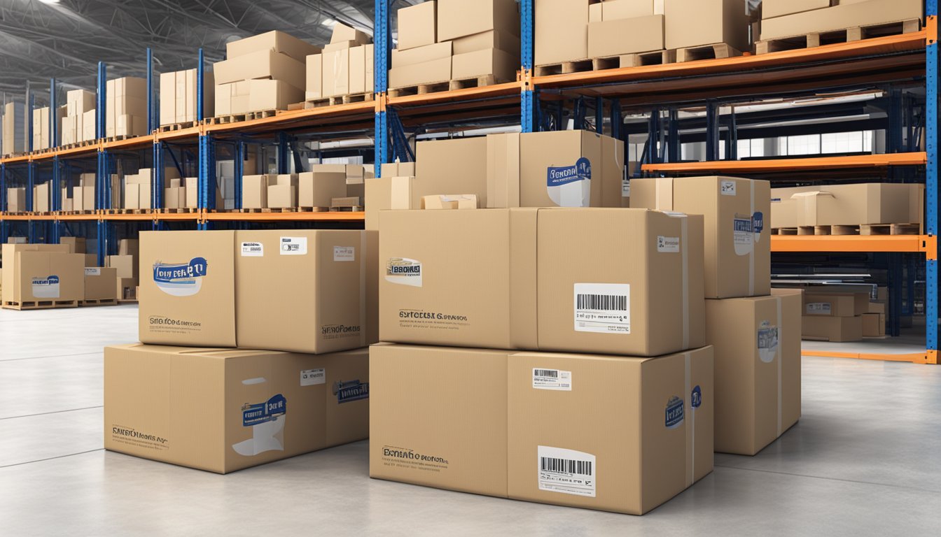 A stack of corporate gifts sits on a warehouse shelf, ready for shipping. Boxes are labeled with The Gift Empire Pte Ltd logo