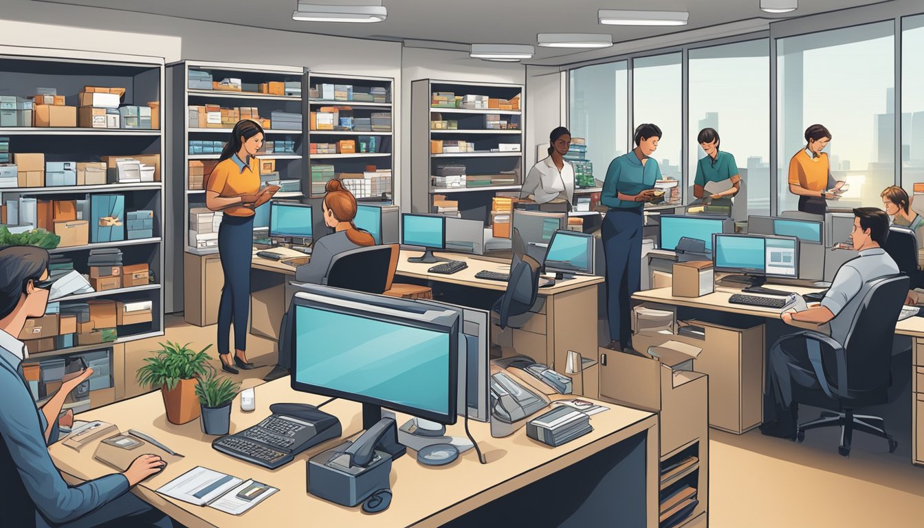 A busy office with employees answering phones and packaging corporate gifts for review. Shelves stocked with various gift items and a logo prominently displayed