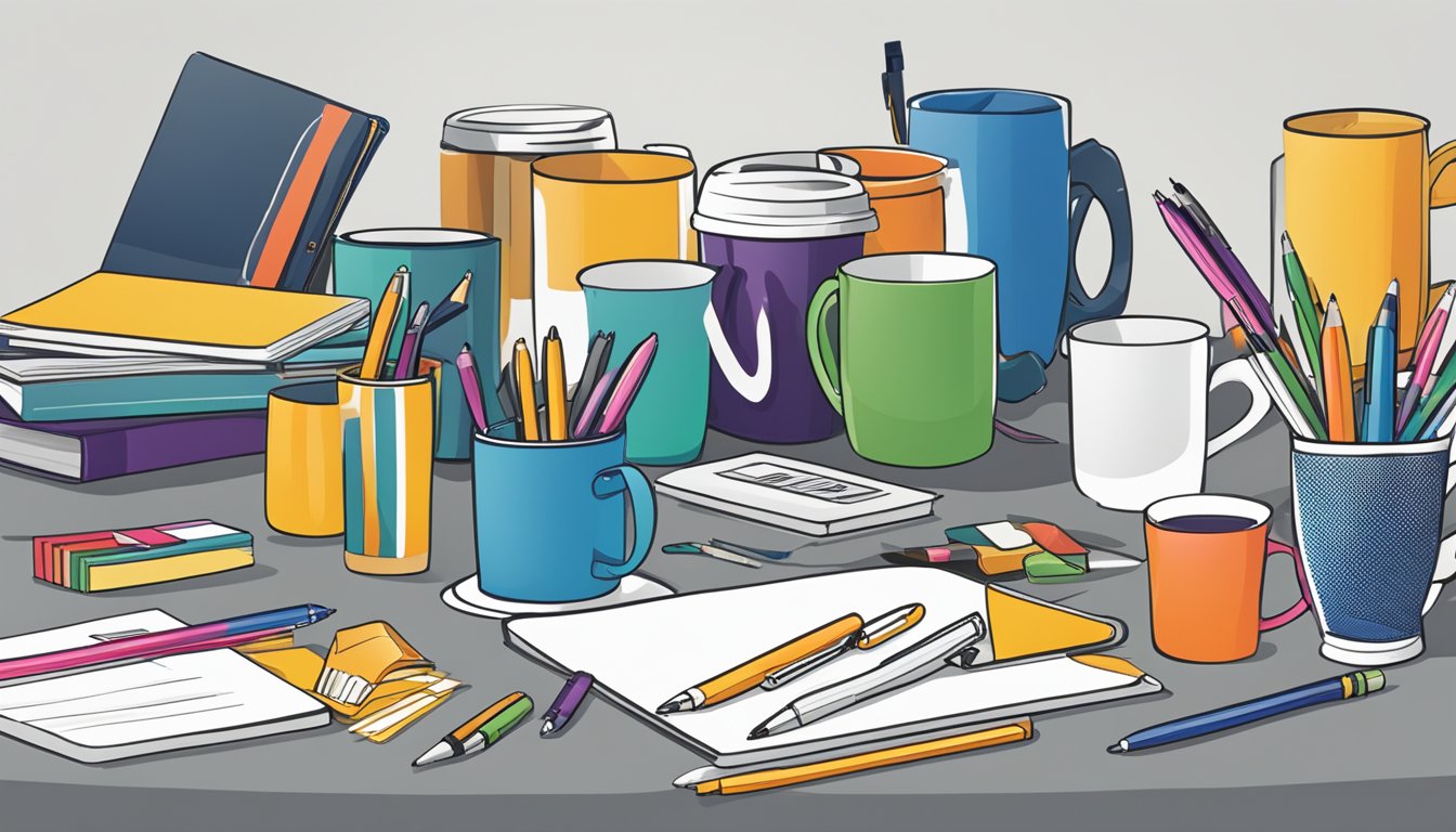 A table displays a variety of corporate gifts: pens, mugs, and notebooks. The company logo is prominently featured on each item