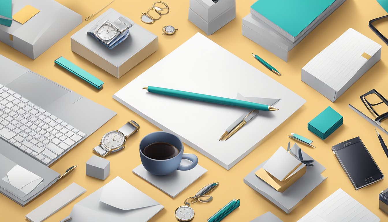 A table adorned with elegant corporate gifts, surrounded by sleek office supplies and luxurious paper products