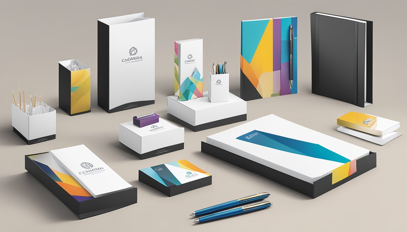 A table displays a variety of corporate gifts, including branded pens, notebooks, and custom-printed stationery. Bright packaging and elegant designs catch the eye