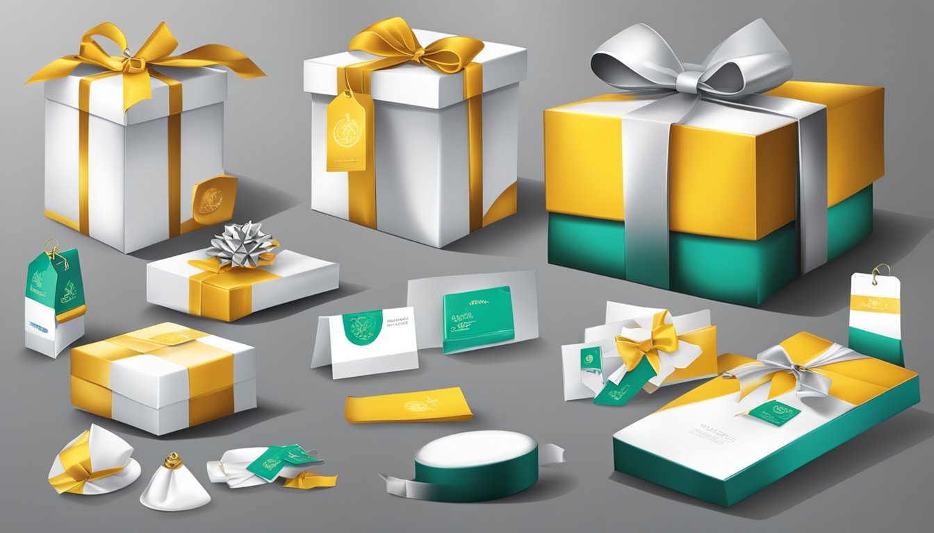 A table displays various corporate gifts with price tags. The company logo is prominently displayed on the gifts and packaging