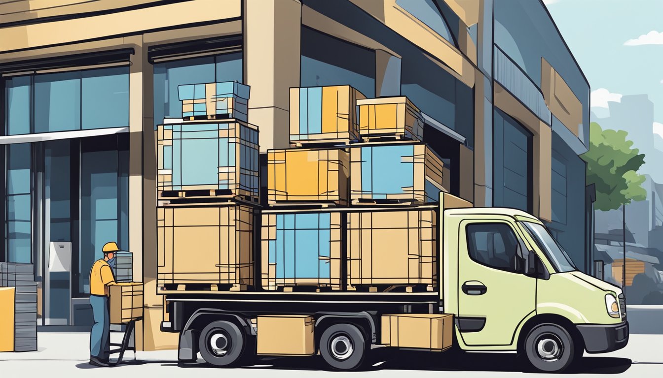 A stack of corporate gift boxes being loaded onto a delivery truck outside The Gift and Paper Company Pte Ltd headquarters