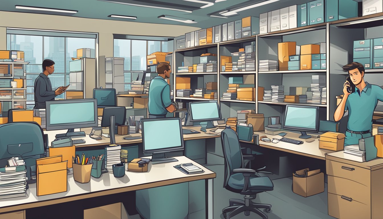 A busy office with employees fielding phone calls and emails, shelves stocked with various corporate gifts and paper products. The company logo prominently displayed