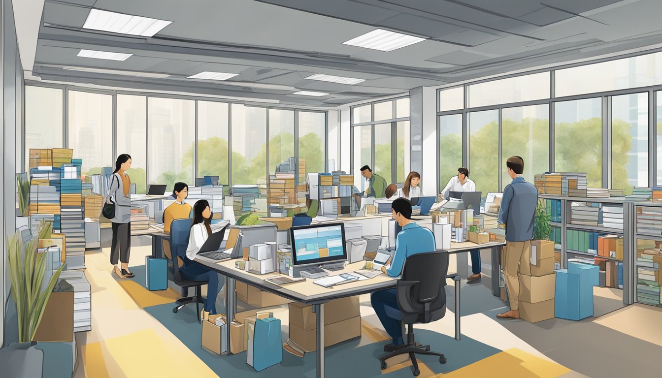 A bustling office with employees reviewing and selecting corporate gifts from The Gift and Paper Company Pte Ltd. Tables filled with product samples and catalogs, while staff discuss and compare options