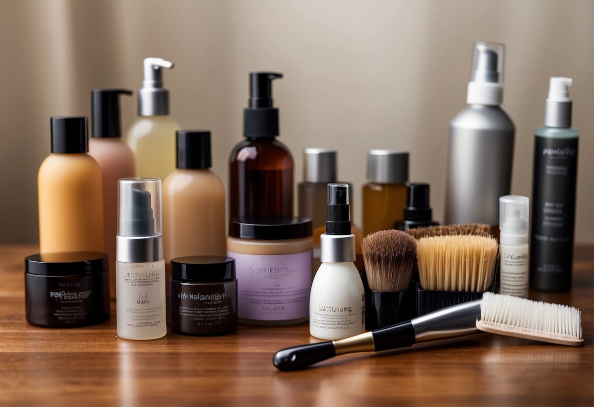 A table with various styling products and a synthetic wig. A brush and matte finishing spray are being used to reduce shine