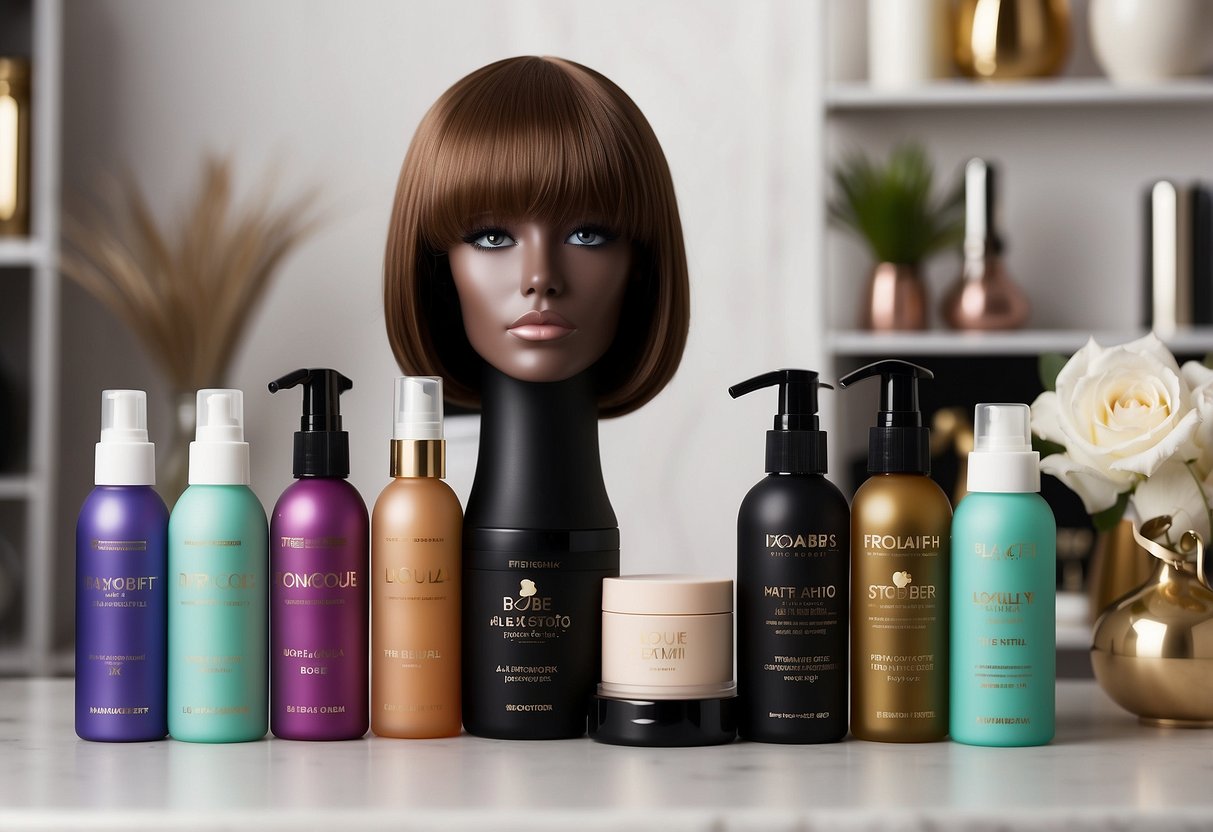 A wig stand with a synthetic wig placed on it, surrounded by various hair care products such as dry shampoo, mattifying spray, and blotting papers