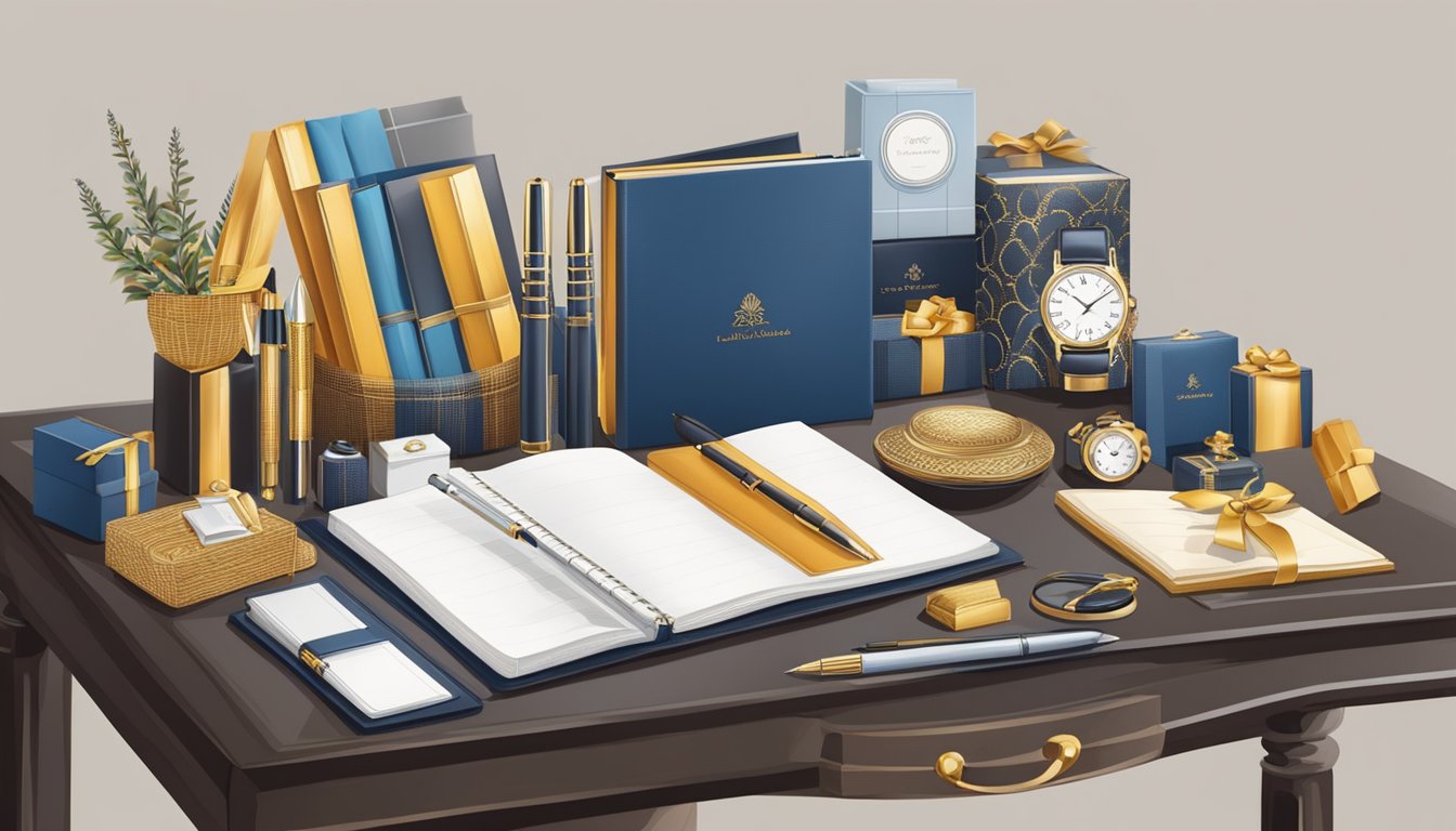 A table adorned with a variety of elegant corporate gifts, including luxurious pens, stylish notebooks, and exquisite gift baskets