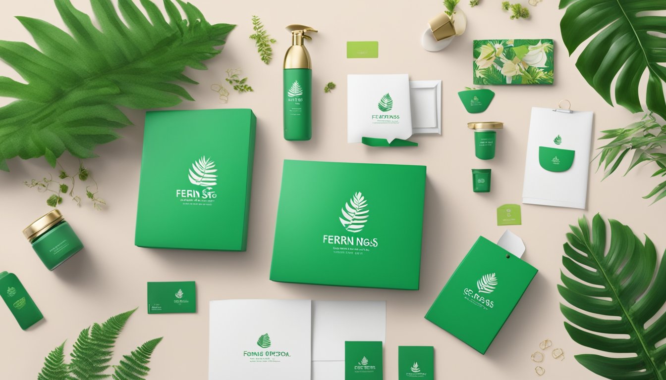 A table adorned with elegant corporate gifts, branded with Ferns N Petals Sgp Pte Ltd logo, surrounded by lush greenery