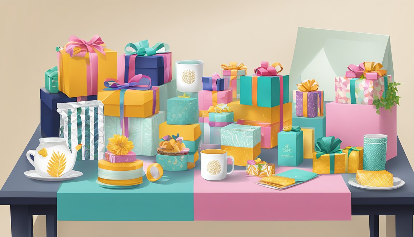 A table displays a variety of corporate gifts from Ferns N Petals Sgp Pte Ltd, including elegant stationery, customized mugs, and luxurious gift baskets