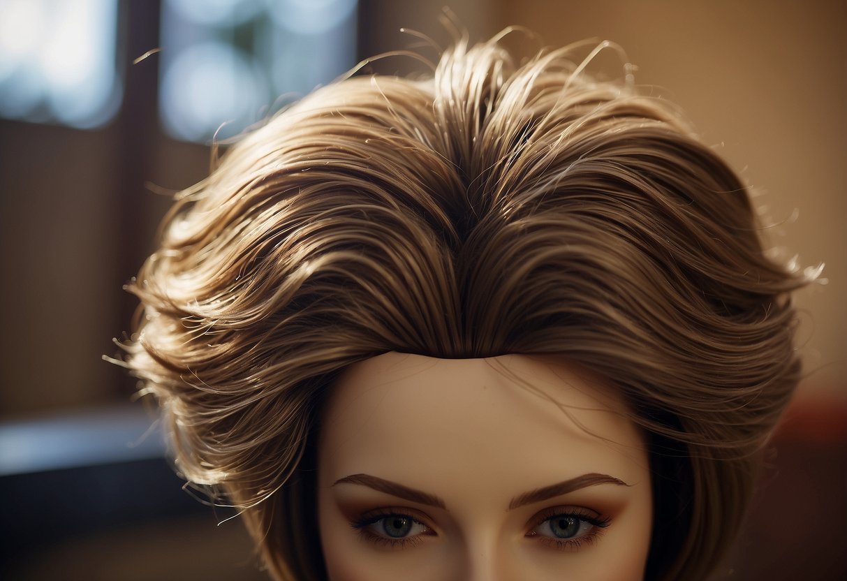 A wig lies flat on a clean, dry surface, away from direct sunlight and heat sources. It is carefully brushed and then covered with a breathable fabric to prevent dust and tangling