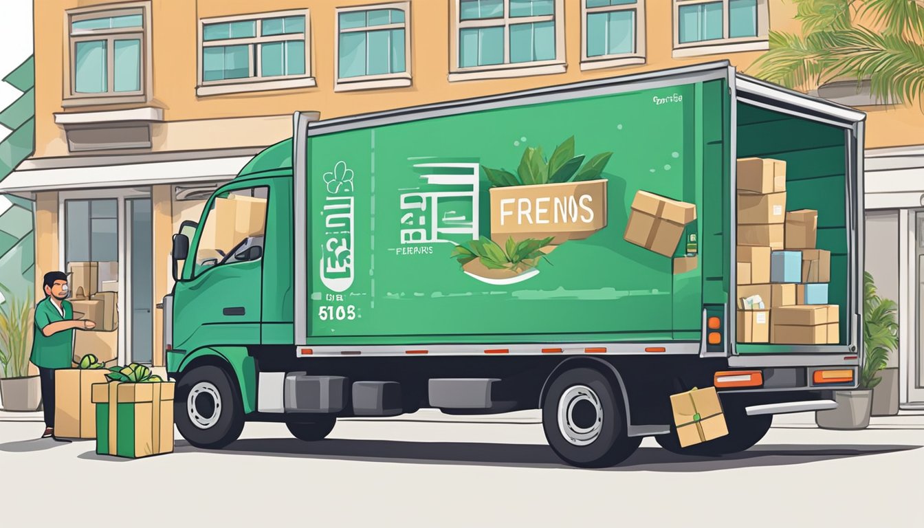 A delivery truck pulls up to a corporate office, unloading boxes of branded gifts from Ferns N Petals Sgp Pte Ltd. The office staff eagerly receives and unpacks the items, showcasing the high-quality corporate gifts