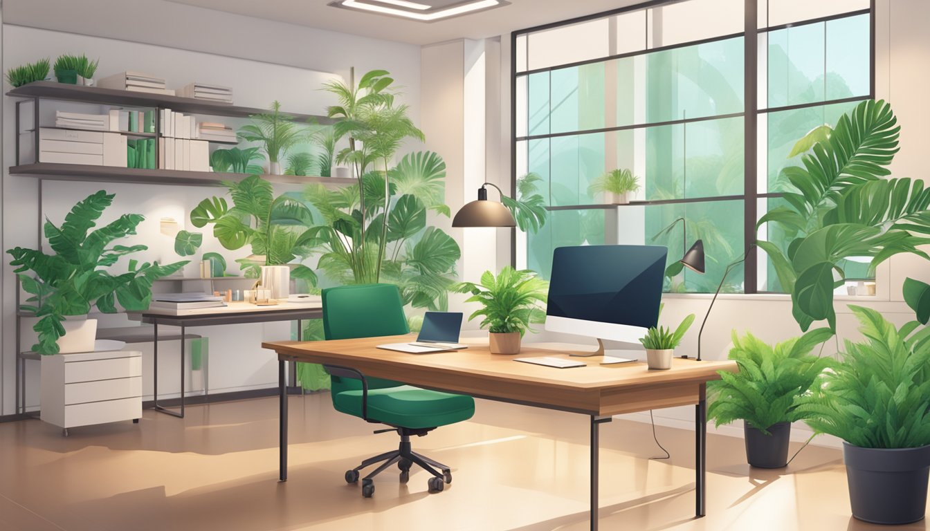 A brightly lit, modern office space with a desk adorned with elegant corporate gifts, surrounded by lush green potted ferns