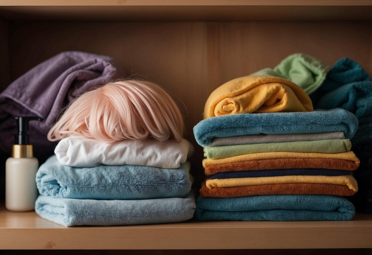 A wig sits atop a stack of folded towels in a closet shelf. The wig is secured in place by a wide, circular object placed underneath it to maintain its shape