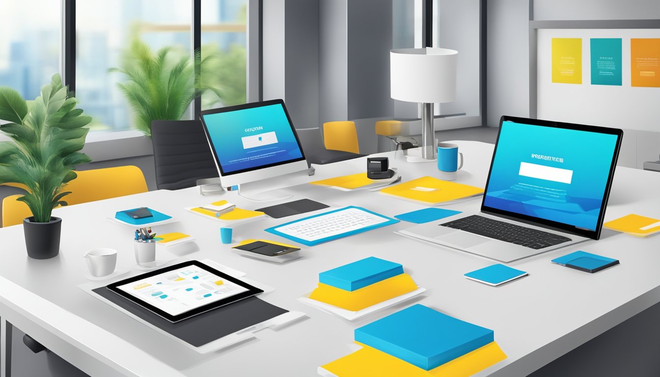A table with corporate gifts and positive review quotes displayed on a screen. Bright, modern office setting with branded merchandise