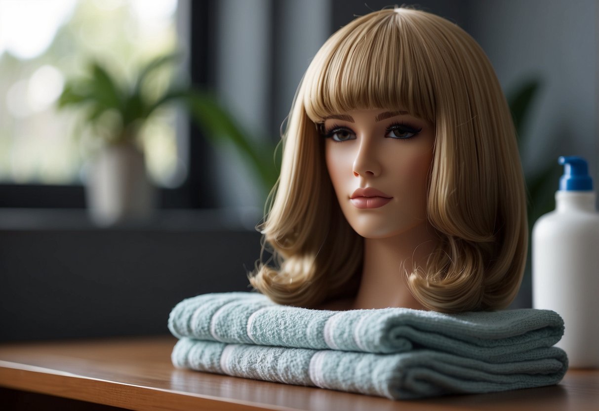 A wig is placed on a flat surface, supported by rolled-up towels to maintain its shape and prevent tangling