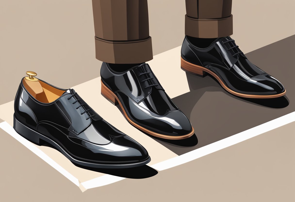 A pair of sleek black shoes stands next to a neatly folded pair of rich brown pants, creating a stylish fashion statement