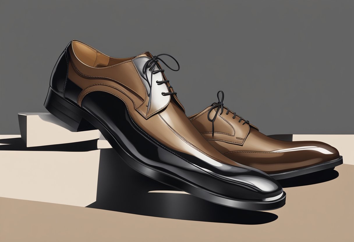 A pair of polished black shoes. The scene exudes a sense of fashion and sophistication