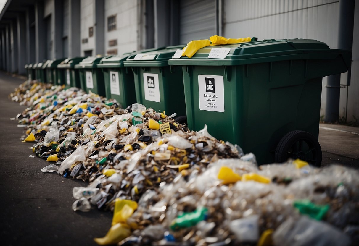 A structured waste management system with labeled bins and clear signage, showing the flow of waste from collection to disposal