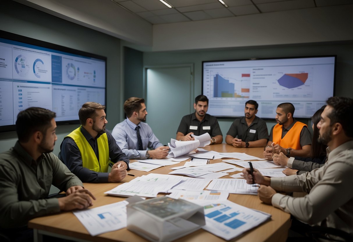 A waste management training session with charts and diagrams, emphasizing organization and monitoring