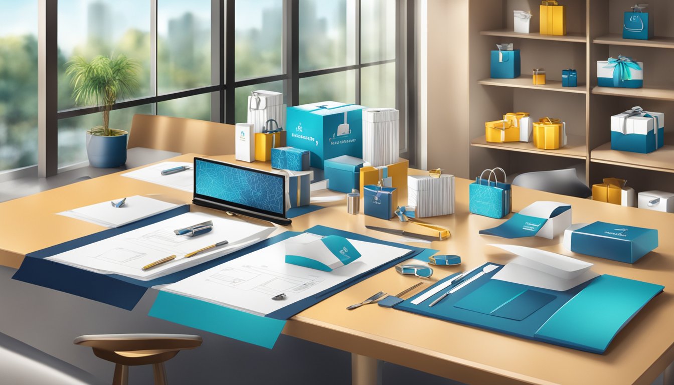 A table with various corporate gifts displayed, including branded items and custom packaging. The room is well-lit, with a professional and organized atmosphere