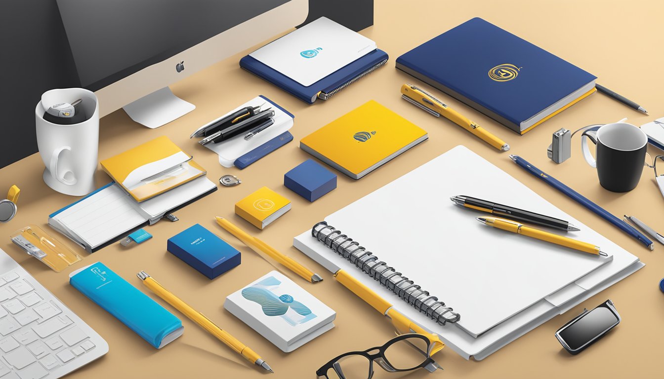 A table displaying a variety of corporate gifts, including branded pens, notebooks, and tech accessories. Bright packaging and company logos are visible