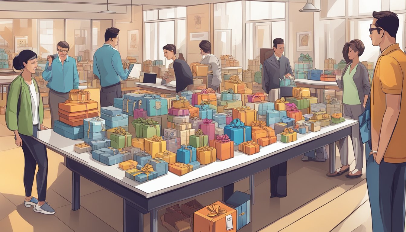 A table displaying various corporate gifts with price tags, surrounded by satisfied customers reviewing the value of the products