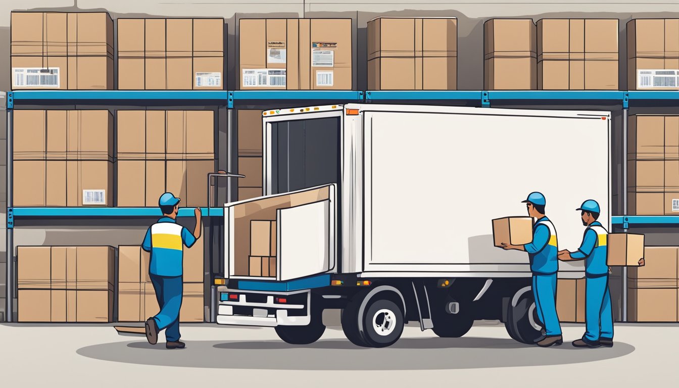 A delivery truck unloading boxes at the Patma Gifts Pte Ltd warehouse, with workers sorting and labeling corporate gifts for shipping