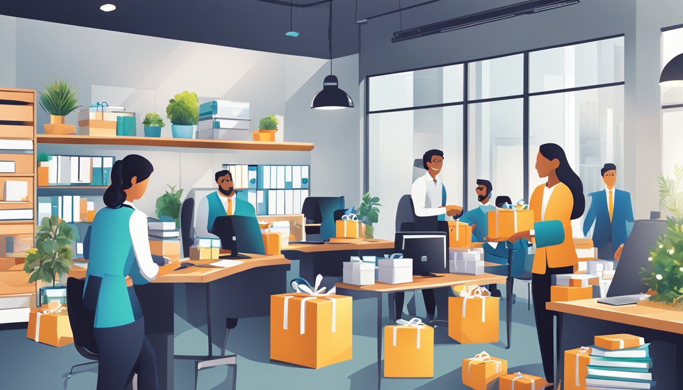 A busy office with employees handling corporate gifts. Logo prominently displayed. Bright and welcoming atmosphere