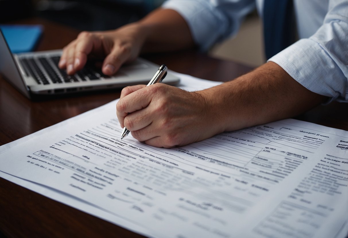 A table with paperwork, pen, and computer. A person not visible is filling out a form for a public contract