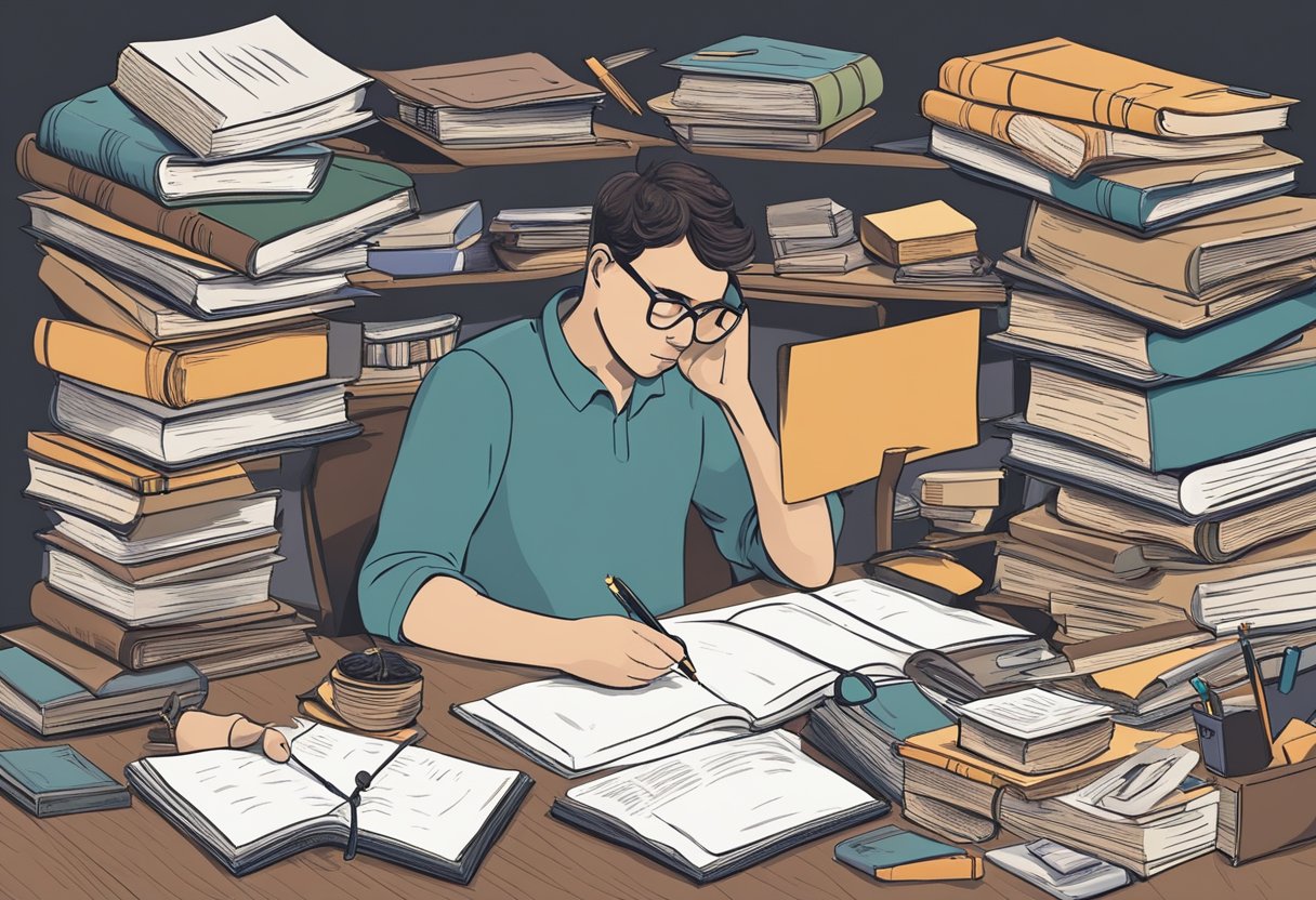 A cluttered desk with books, a notepad, and a pen. A person is deep in thought, surrounded by various argumentative texts