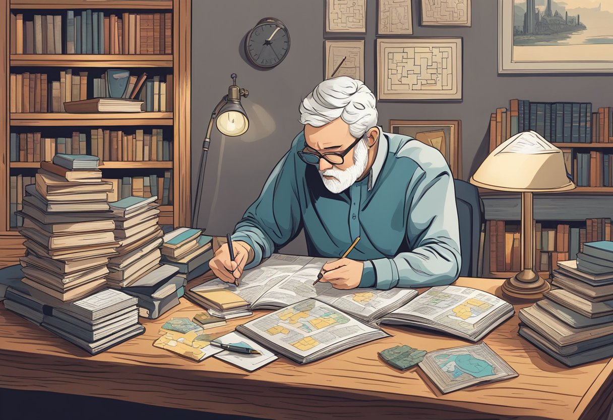 A table with various puzzles and brain teasers scattered around, a bookshelf filled with critical thinking books, and a person deep in thought with a pen and paper