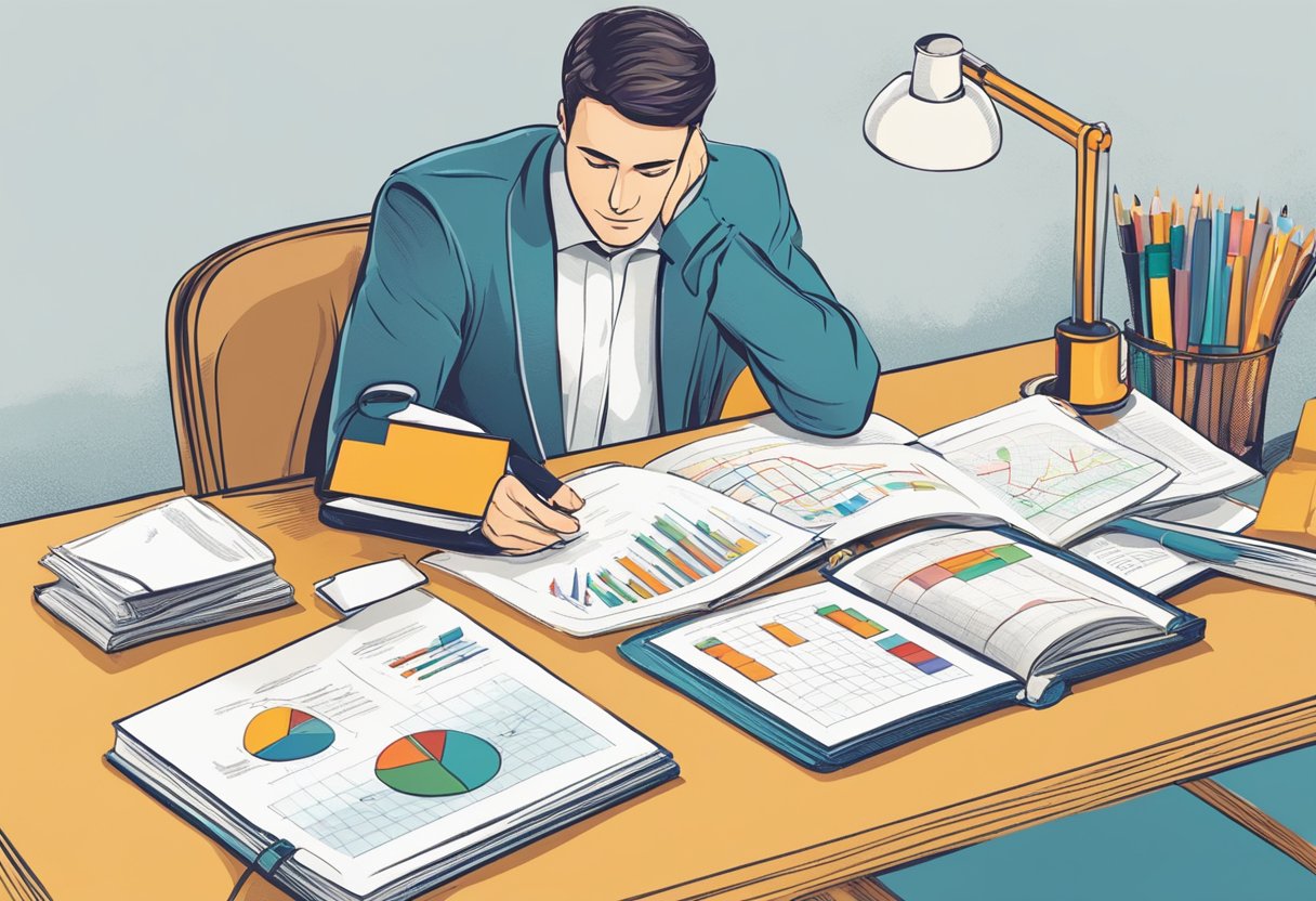 A table with various decision-making tools: charts, graphs, and diagrams. A person pondering options with a thoughtful expression. Books on critical thinking