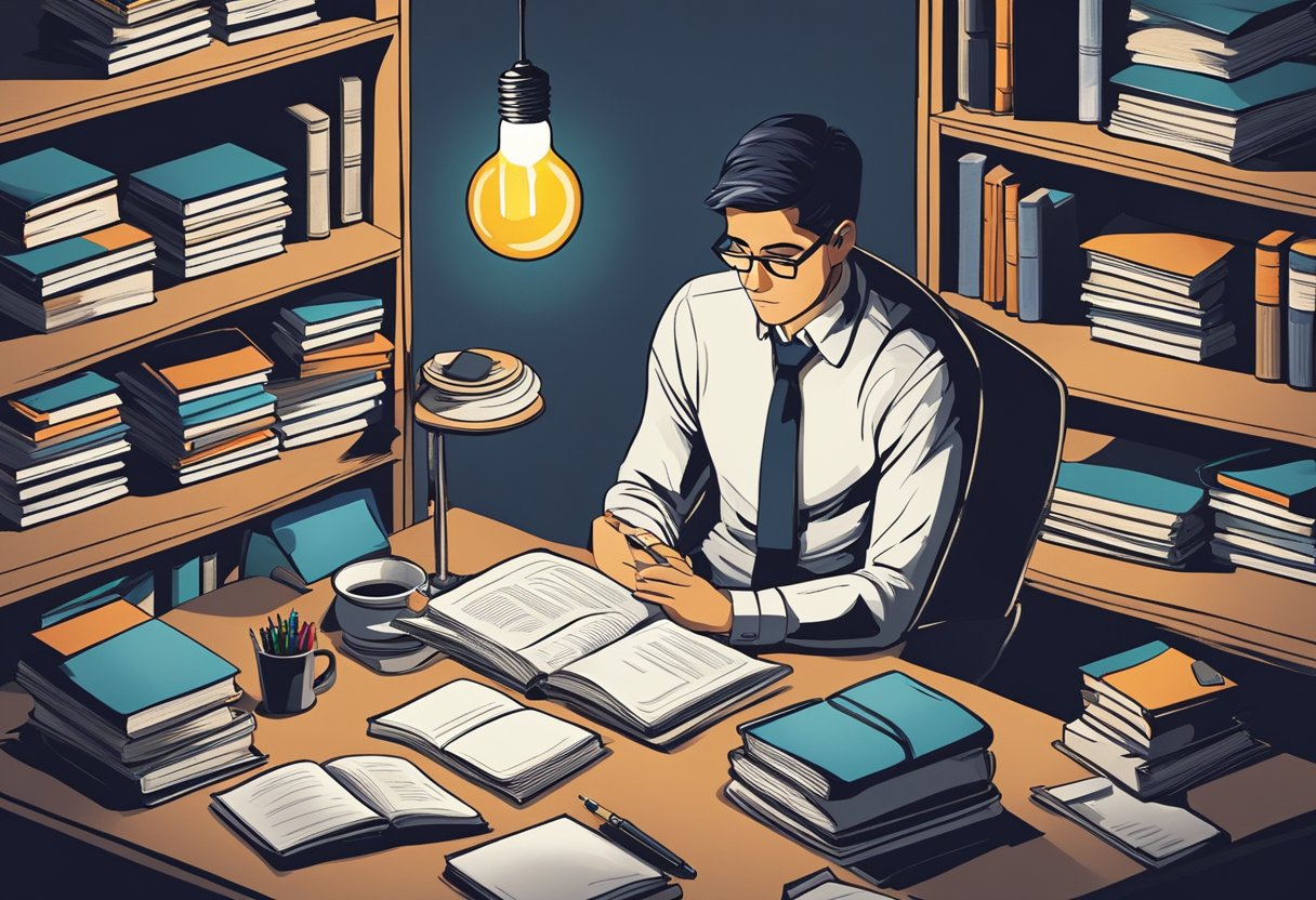 A person sitting at a desk, surrounded by books and papers, deep in thought. A light bulb overhead symbolizes a moment of critical thinking