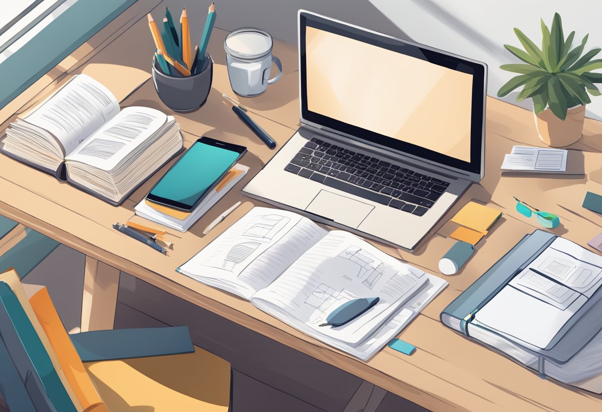 A desk with a laptop, books, and papers. A checklist of "7 Ways to Enhance Your Decision-Making" is visible. The room has natural lighting and a calm atmosphere