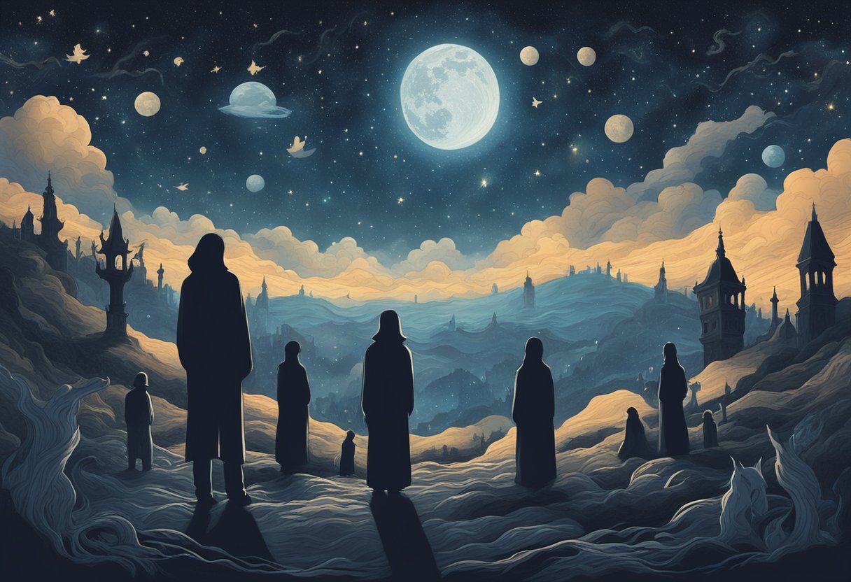 A dark, starry sky with a looming silhouette of a world, surrounded by ghostly figures and haunting spirits