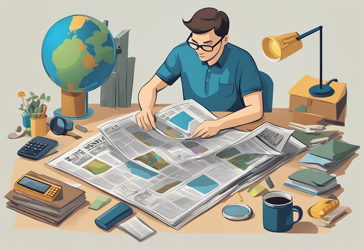 A person reading a newspaper with a magnifying glass, surrounded by various objects representing real-world scenarios (e.g. a puzzle, a map, a calculator)