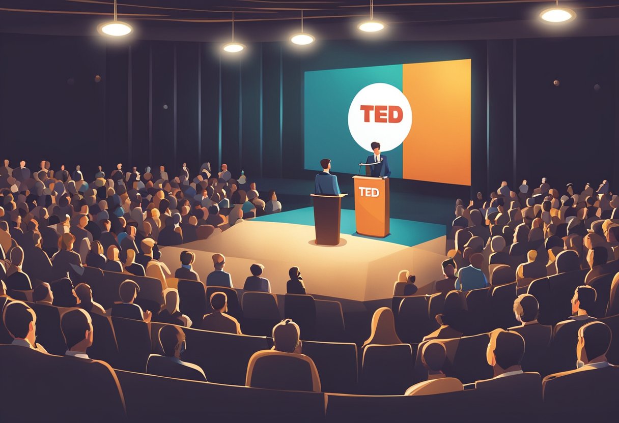 A podium with a TED logo, surrounded by an audience in a dimly lit auditorium, with a spotlight shining on the speaker