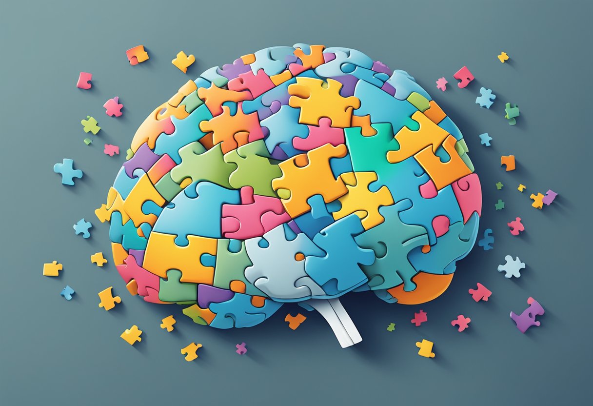 A brain surrounded by puzzle pieces, representing plasticity and critical thinking