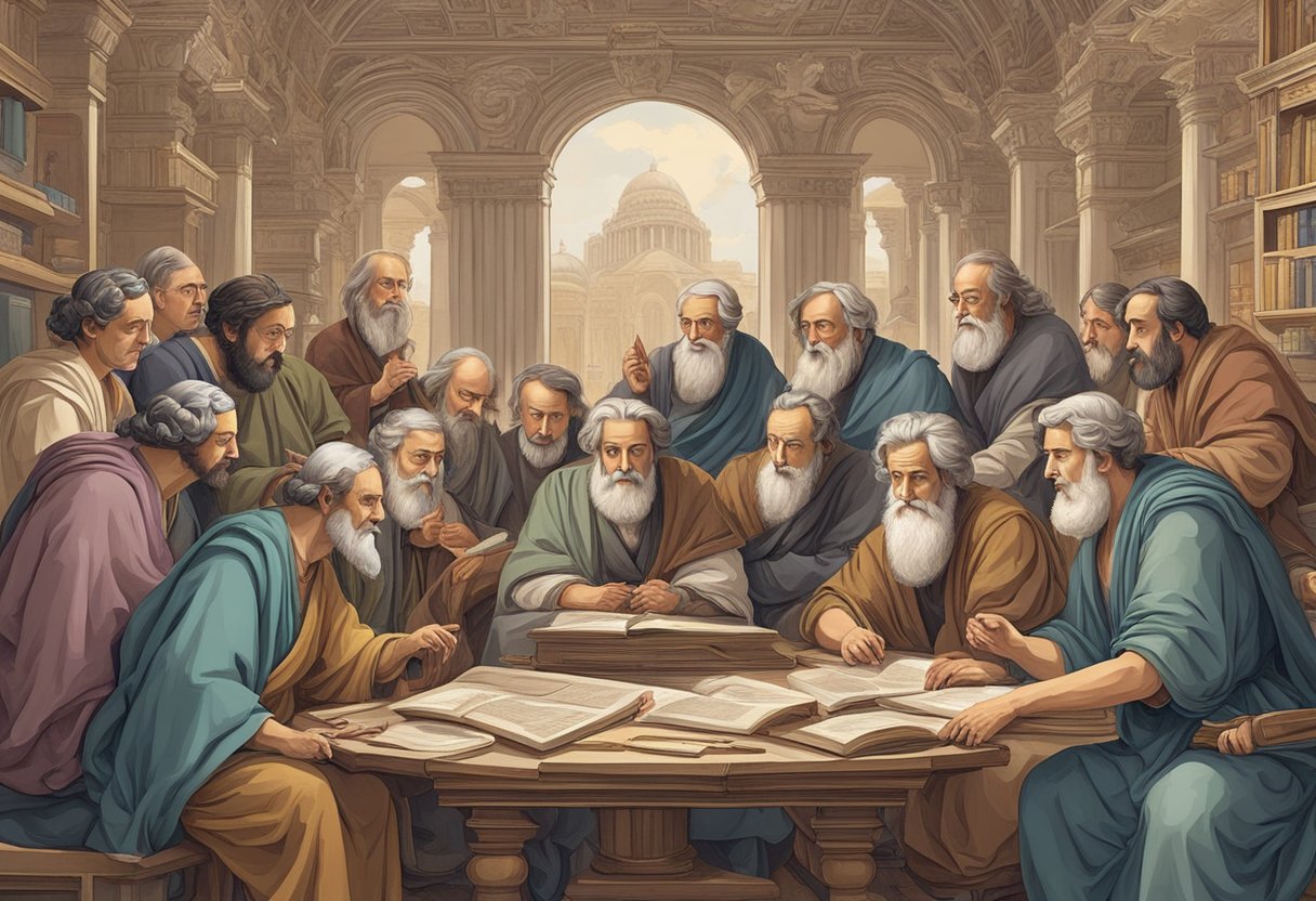 A group of ancient philosophers gathered in a lively debate, surrounded by scrolls and writing tools, engaging in deep critical thinking