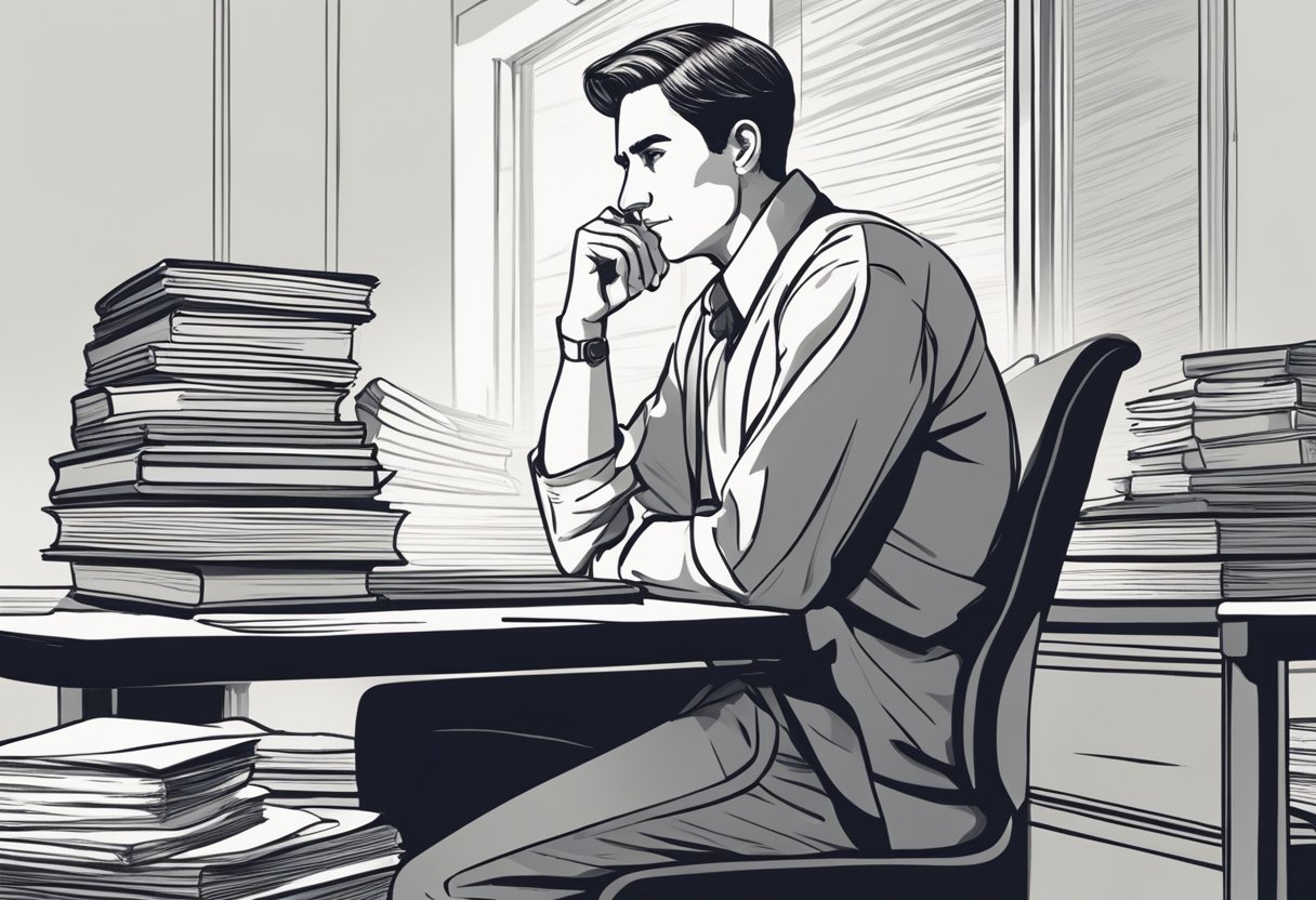 A person sits at a desk, surrounded by books and papers. They are deep in thought, with a focused expression on their face. A pen hovers over a blank page, ready to begin analyzing arguments effectively