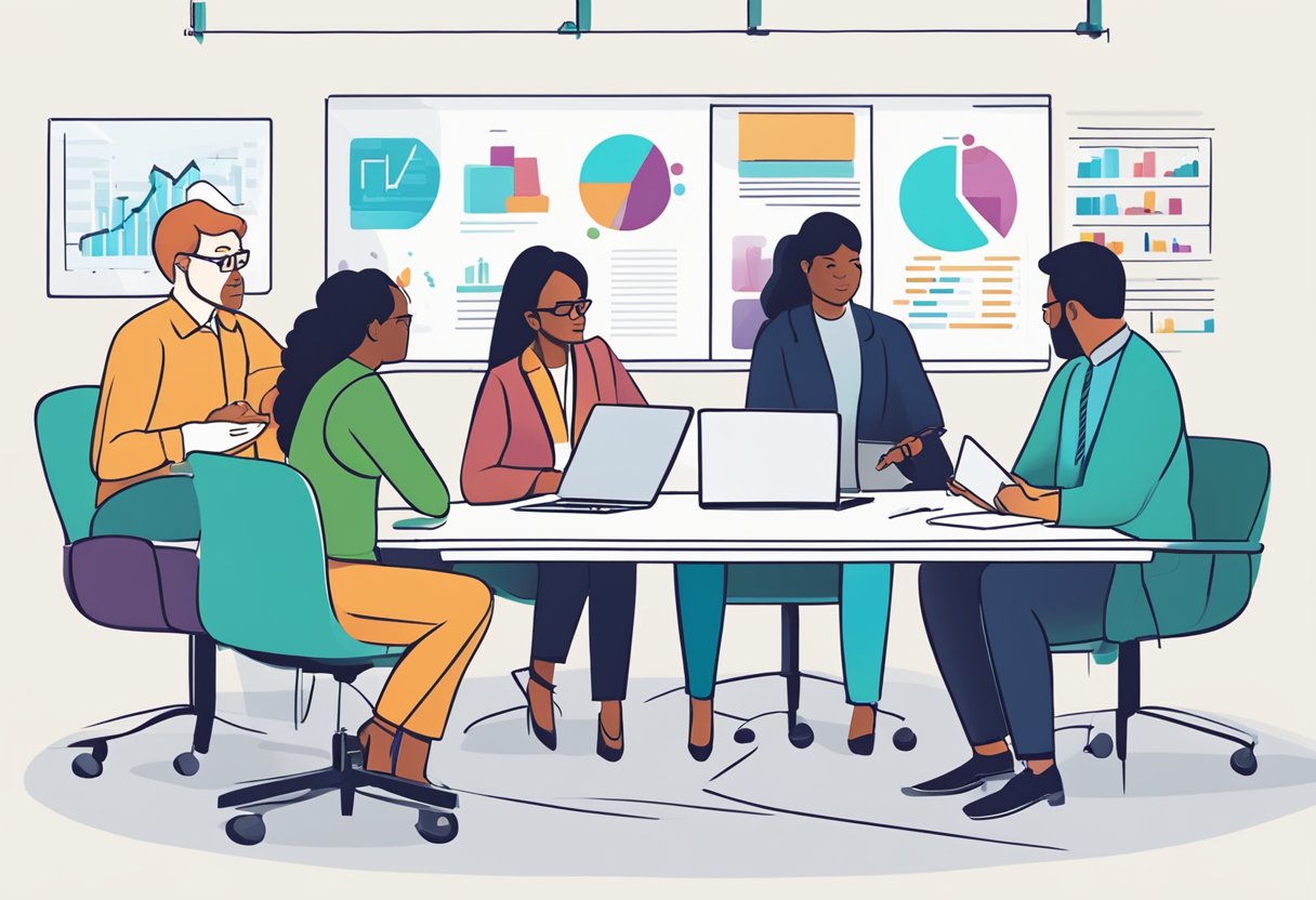 A group of diverse professionals engage in brainstorming, problem-solving, and decision-making. They use data analysis, logical reasoning, and creativity to address workplace challenges