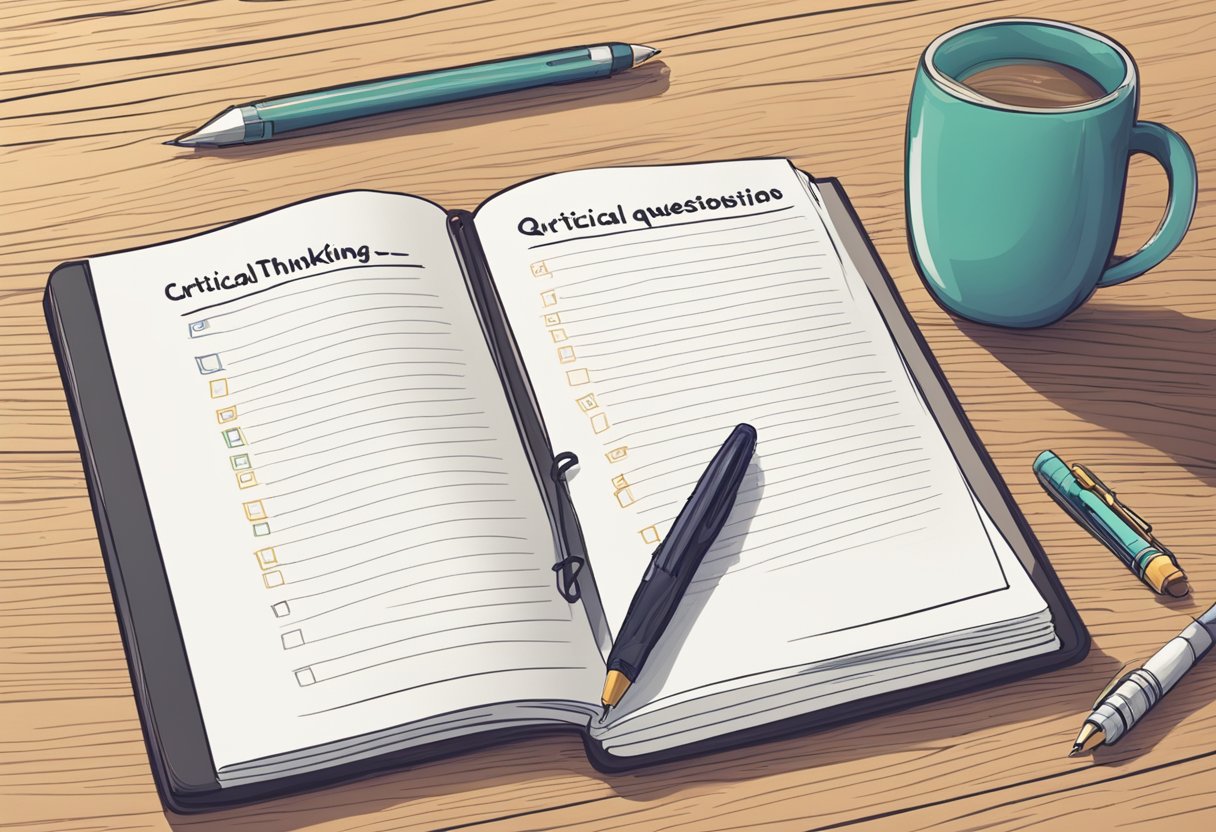 A table with a list of 10 critical thinking questions, a pen, and a notebook are placed on the table. The questions are written in bold, and the notebook has empty pages ready to be filled