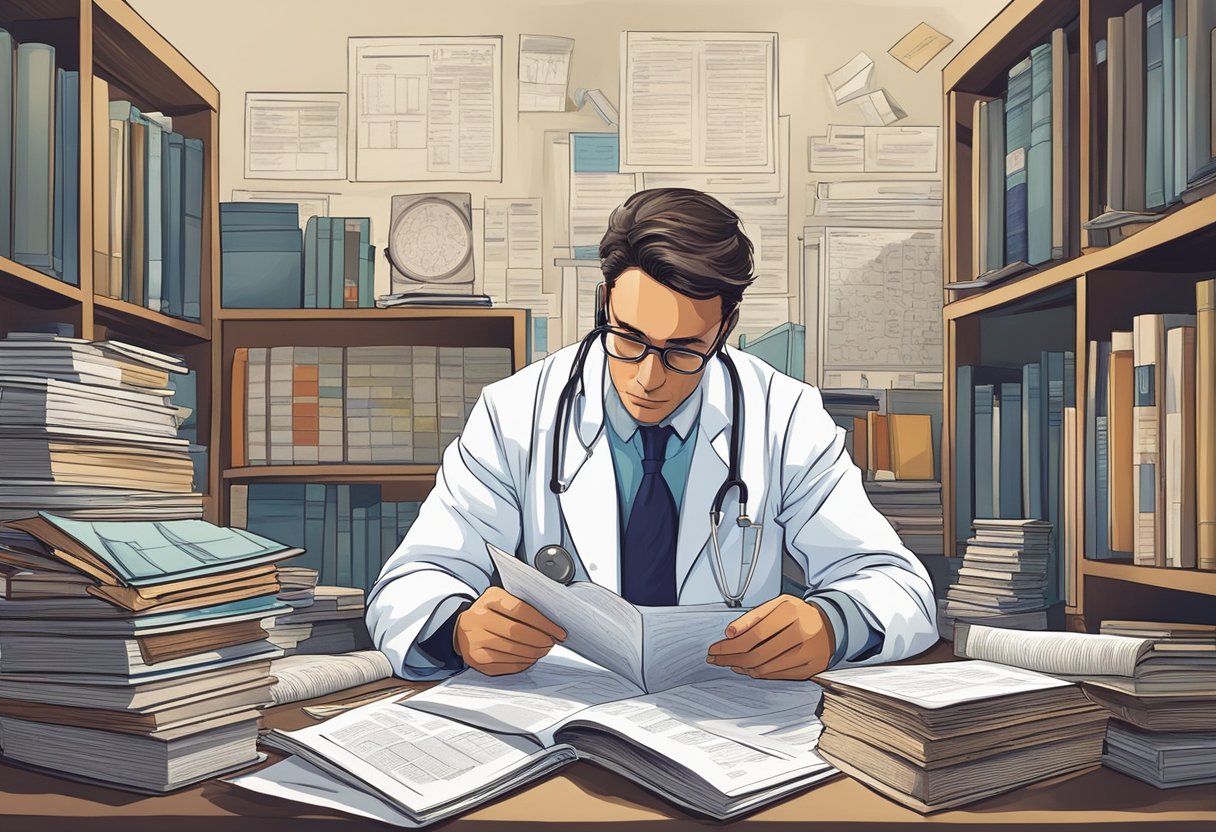 A doctor examining a complex medical chart, surrounded by books and research papers, deep in thought