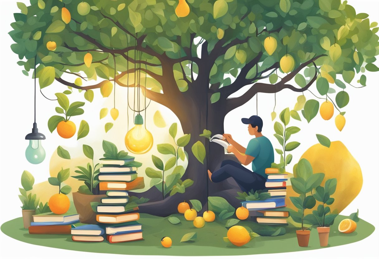 A tree growing from a seedling, branching out and bearing fruit. Nearby, a person watering a garden, surrounded by books and a light bulb symbolizing new ideas