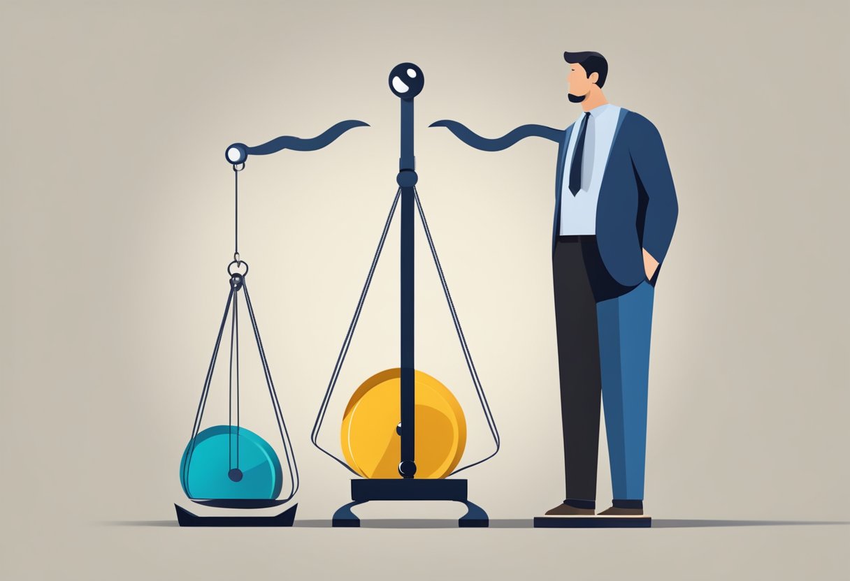 A person overlooking a scale, with larger weights on one side and smaller weights on the other, representing the concept of anchoring bias